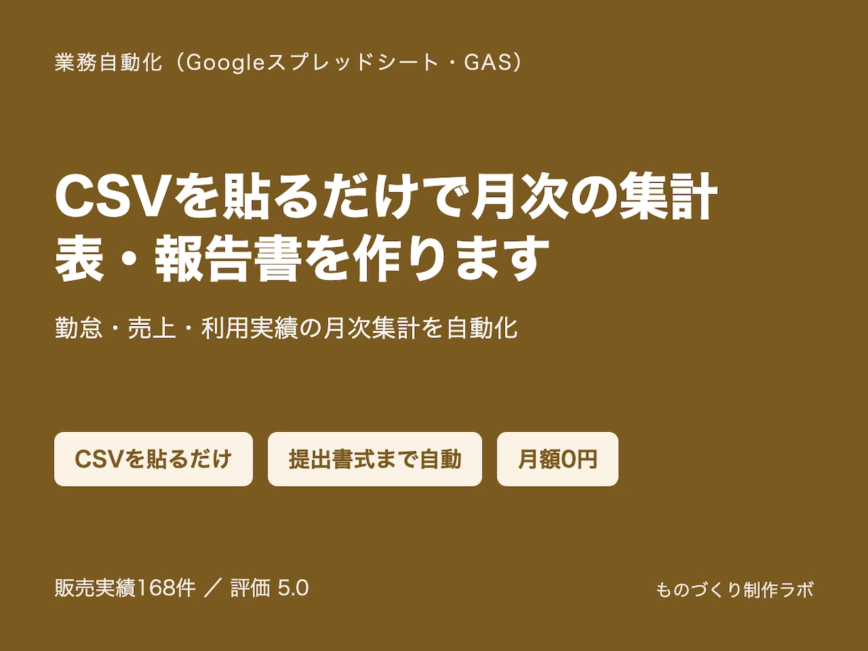 CSVから月次の集計表・報告書を自動作成します 勤怠・売上・利用実績のCSVを貼るだけで提出書式まで完成 イメージ1
