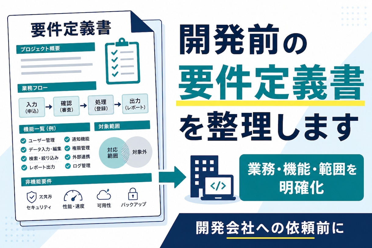 開発前の要件定義書を整理します 開発前に業務と必要機能を明確化 イメージ1