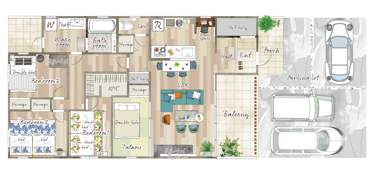 家具付⭐︎マンションの手描き風間取り図、作成します 家具や寝具、床材など再現します イメージ2