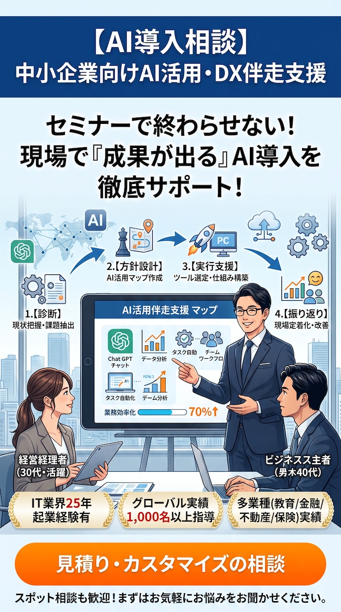 現場で本当に使えるAI活用を伴走支援します 実際に現場で使われ、成果が出るAI導入を徹底的に伴走します！ イメージ1