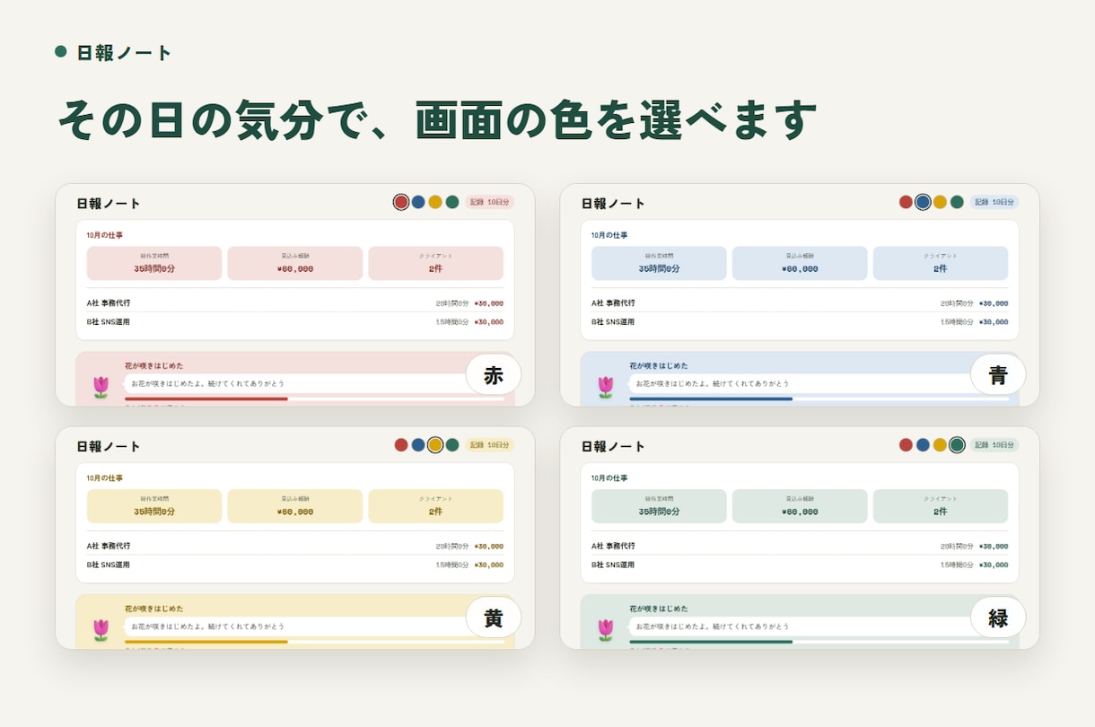 案件別の時間と時給が見える日報ノートをお渡しします 開始と終了を入れるだけで、案件別の時間と時給換算が分かります イメージ5