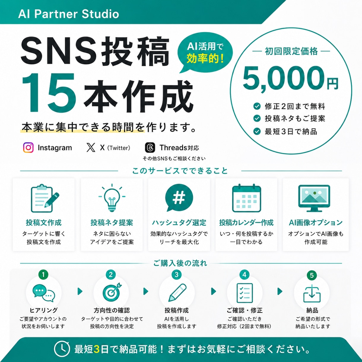 SNS投稿15本をAI活用で作成します SNS投稿を丸ごとお任せ。本業に集中できます。 イメージ1