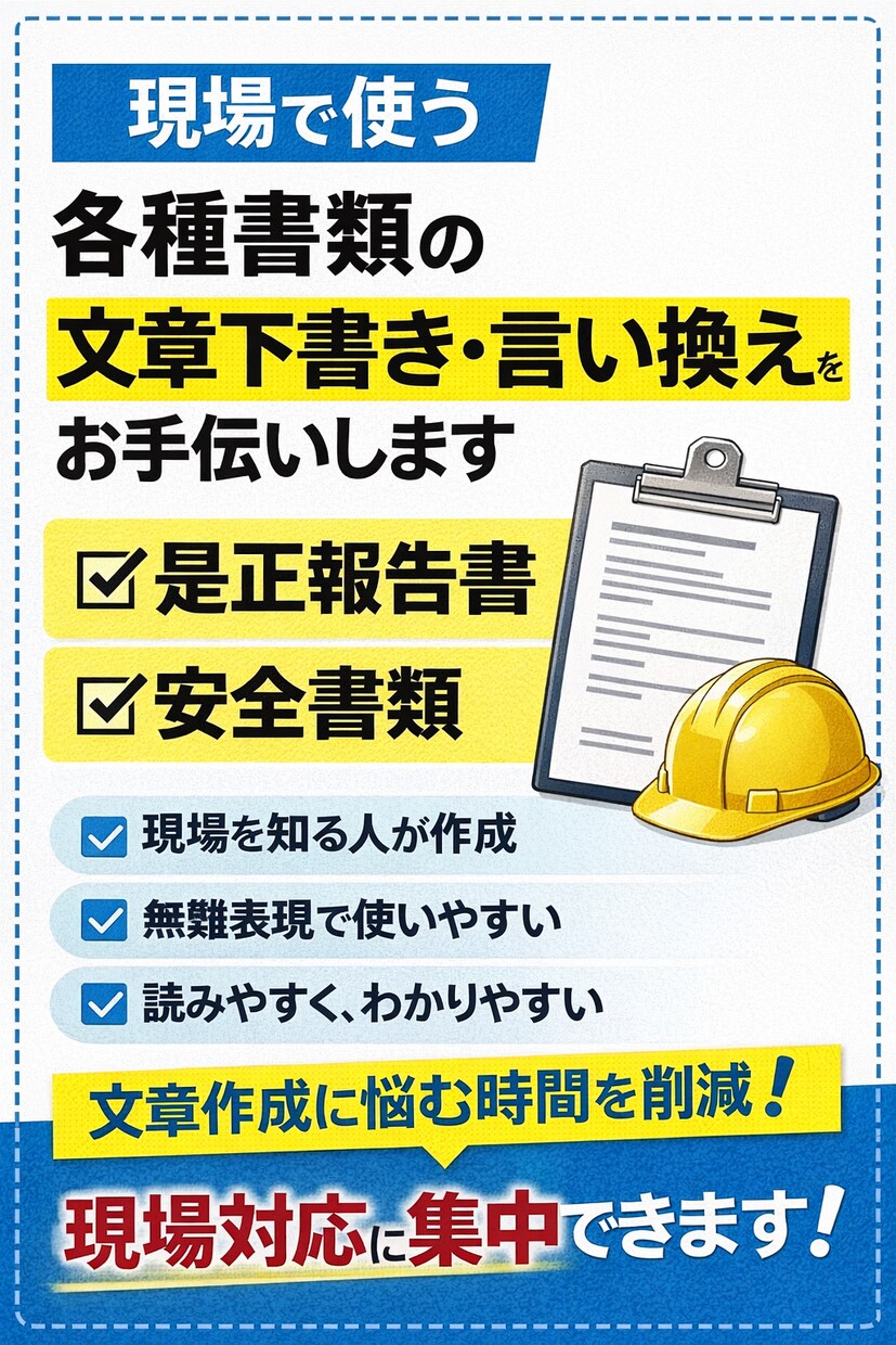 各種現場書類の文章下書き・言い換えをお手伝いします 現場で使われる書類文章を、無難で分かりやすく整えます イメージ1
