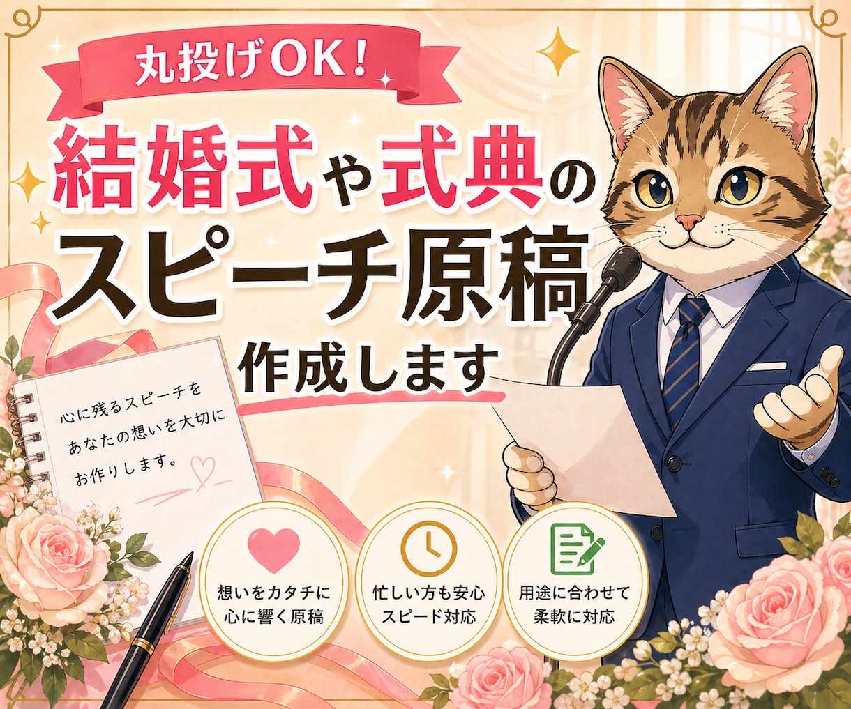 丸投げOK！結婚式や式典のスピーチ原稿作成します 「何と言えばいいかわからない」を解決。読むだけで心が動く原稿 イメージ1