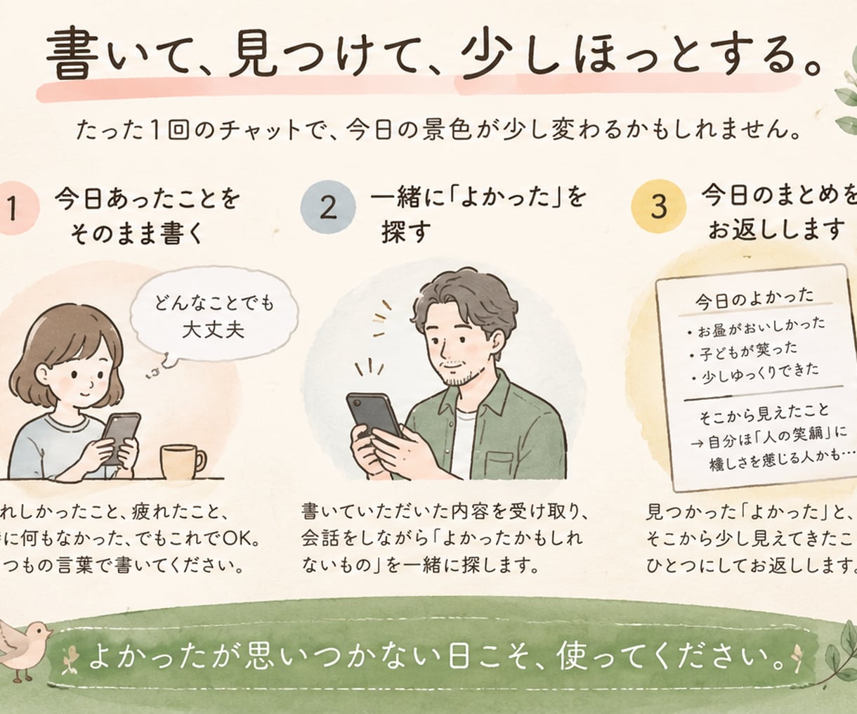 話し相手です。小さな「よかった」を一緒に探します 3日間、何往復でも。毎日朝と夜に返事します イメージ2