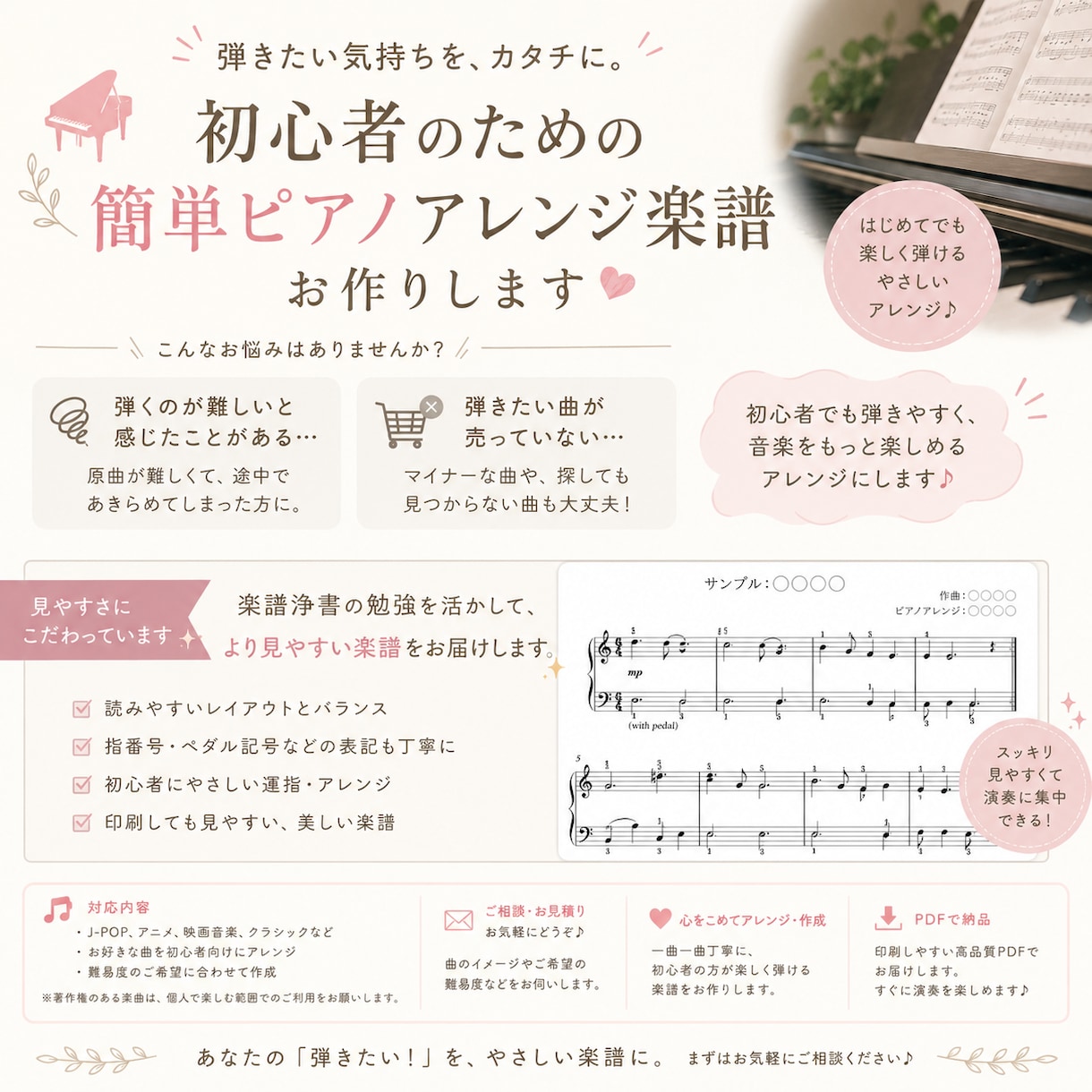 初心者用ピアノアレンジ楽譜を作成します 弾きたい曲が難しい、弾きたい曲が売っていない方へ、 イメージ1
