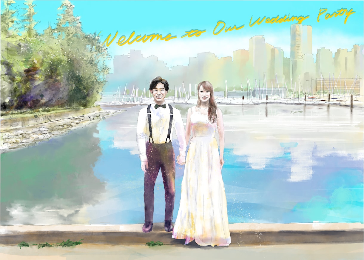手描きの一枚絵のウェルカムボードを描きます 東京藝術大卒が好きなシチュエーション、衣装で描きます イメージ3