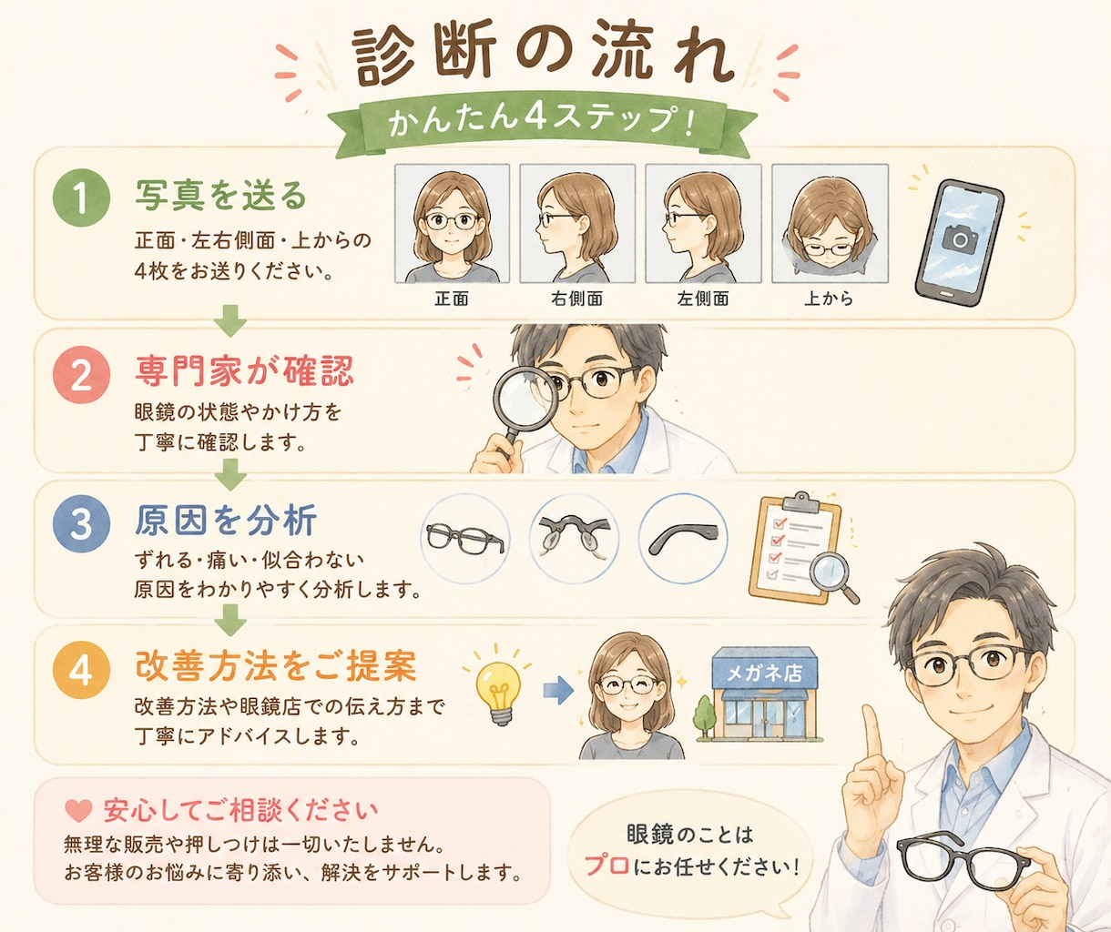 眼鏡作成技能士1級がメガネを写真診断します メガネがずれる、鼻が痛い、耳が痛い、見た目がしっくりこない… イメージ2