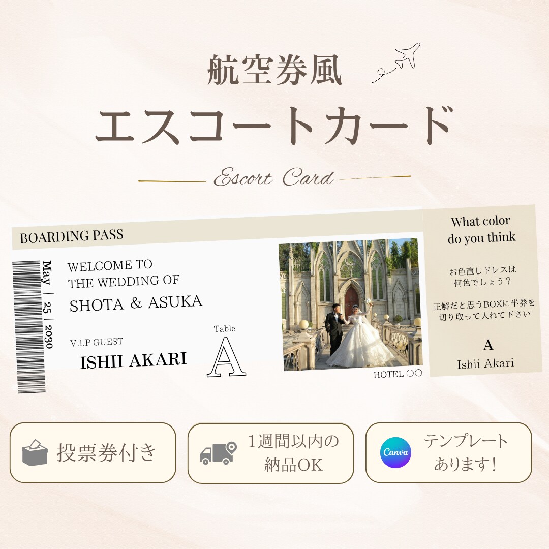 投票券付き  航空券風エスコートカード作成します テンプレートあります！1週間以内のお渡しも◎ イメージ1