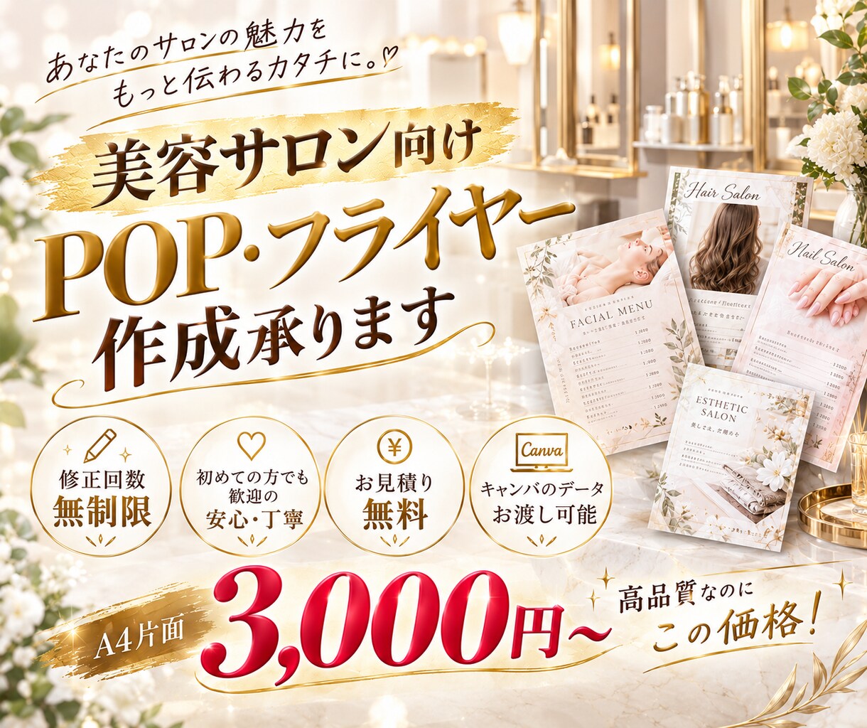 美容サロン様向けのPOP・フライヤー作成を承ります ジュエリー会社の現役デザイナーが心惹かれるPOPを作ります イメージ1