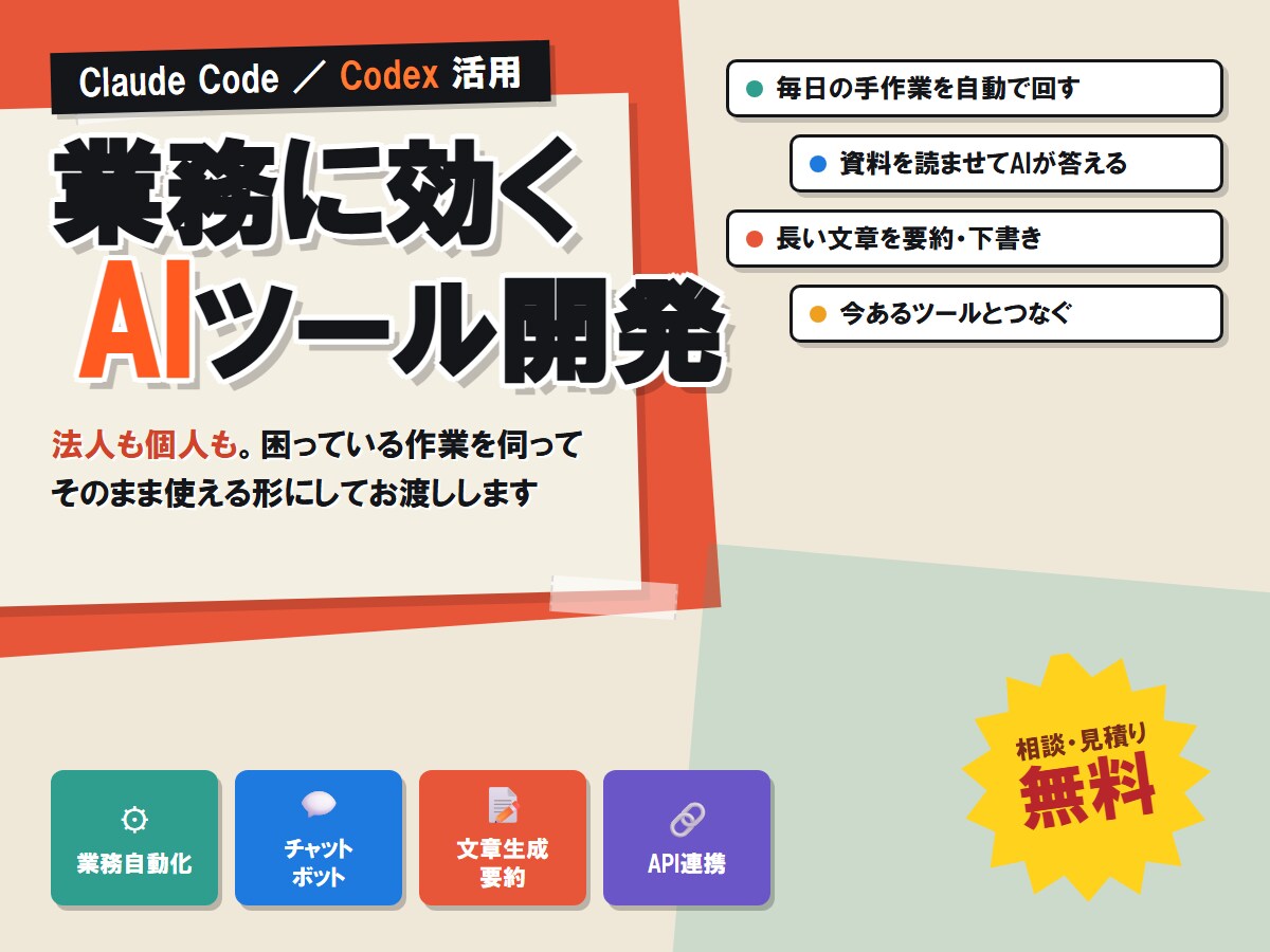 業務が楽になるAIツールを作ります 困っている作業を伺って、そのまま使える形にします イメージ1