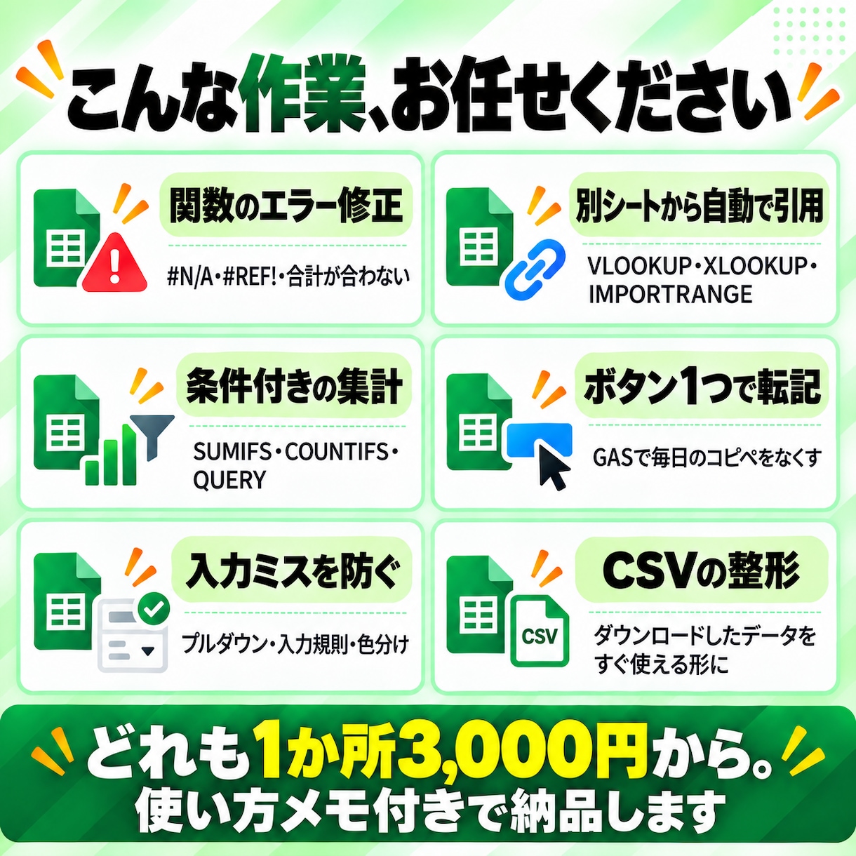 スプレッドシートの関数・小さな自動化を代行します 1か所3,000円〜。#N/Aや合計のズレを解決 イメージ2