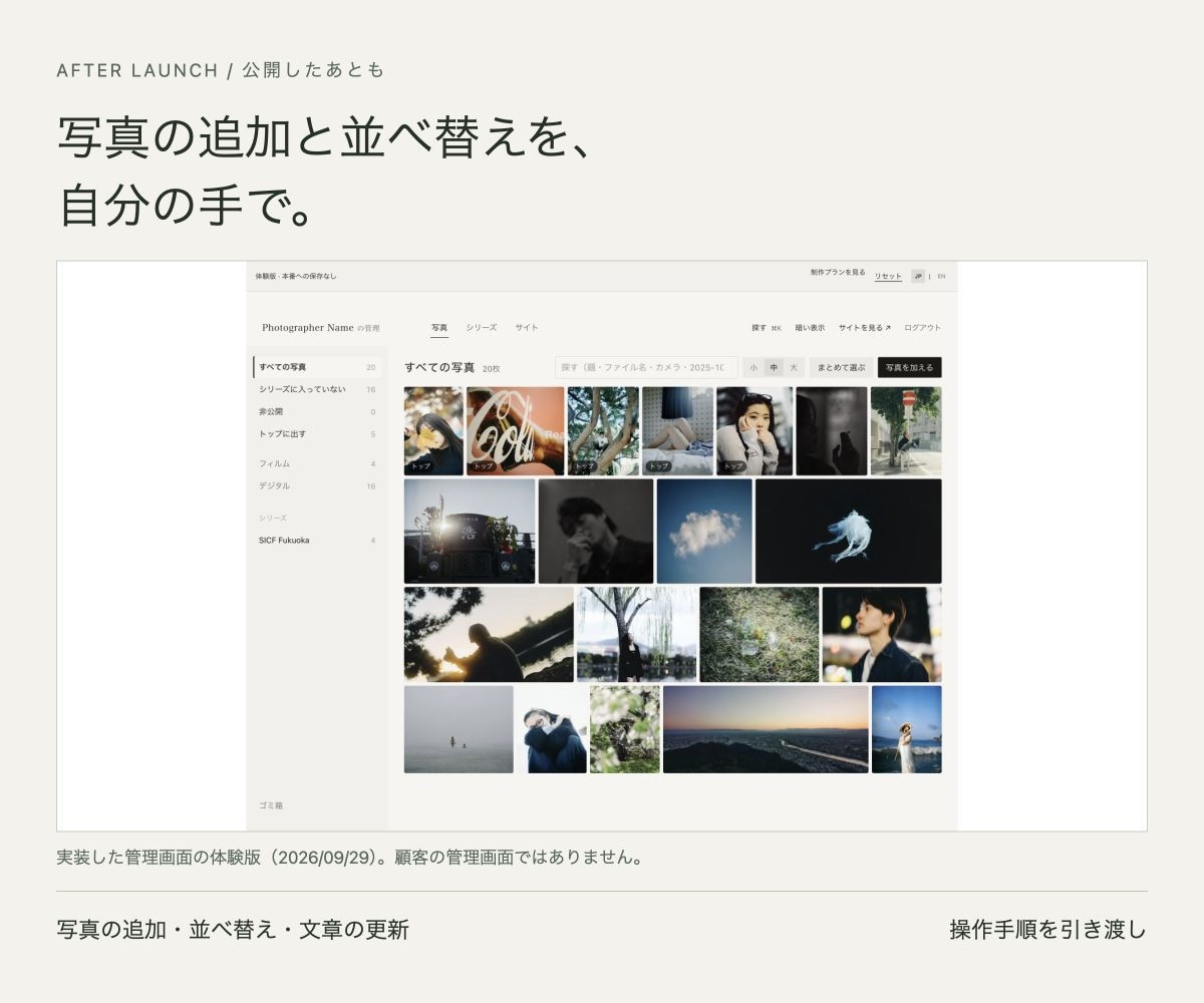 写真を主役にするポートフォリオサイトを作ります 作品・プロフィール・相談先をひとつに。管理画面付き イメージ2