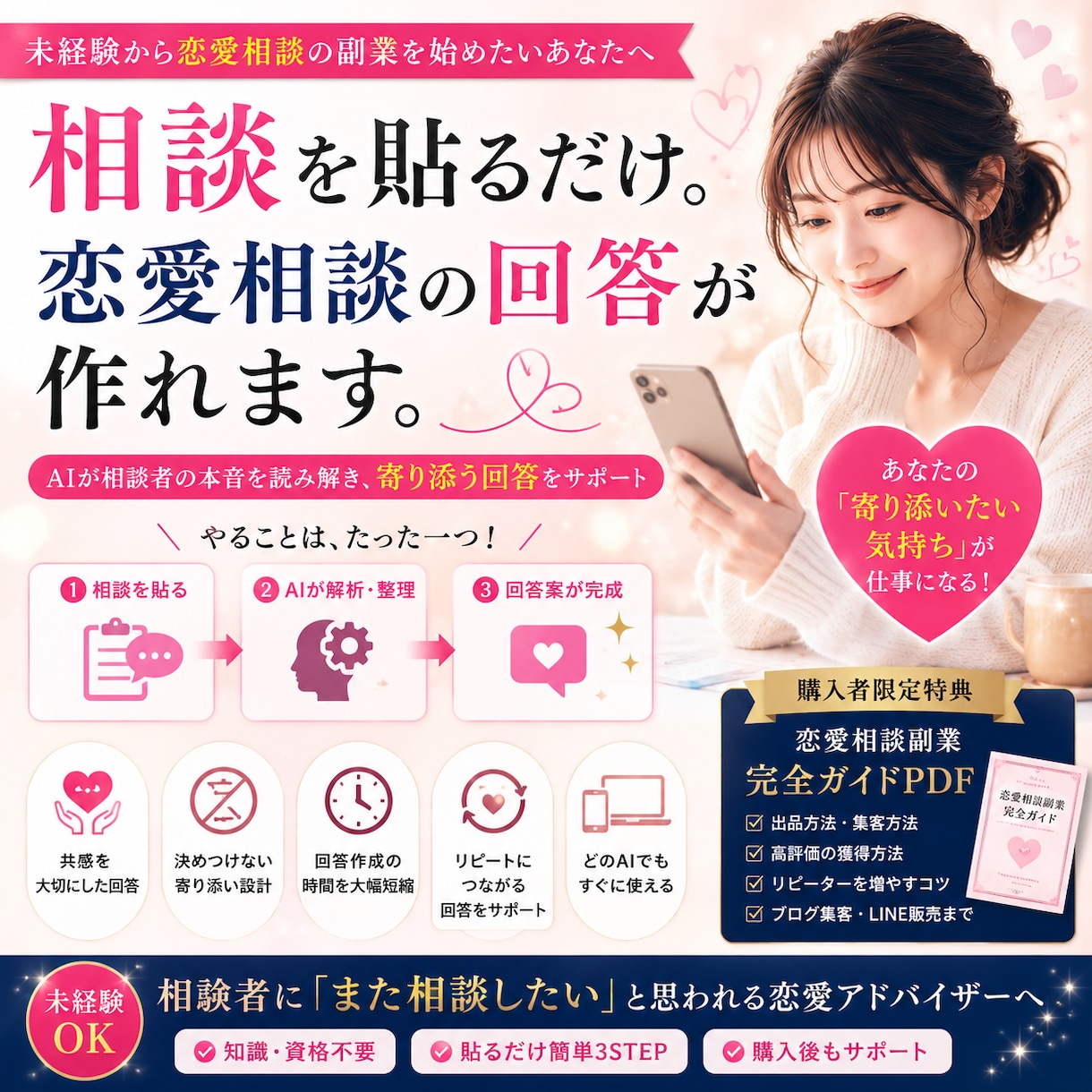 相談を貼るだけ。恋愛相談の回答が作れます 相談文を貼るだけ。恋愛相談の回答を自動生成するAIプロンプト イメージ1