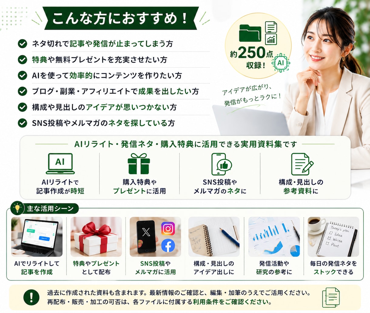 AIで活用できる再配布権付資料250点を提供します 記事・特典・SNS投稿に使える実用資料集です イメージ2