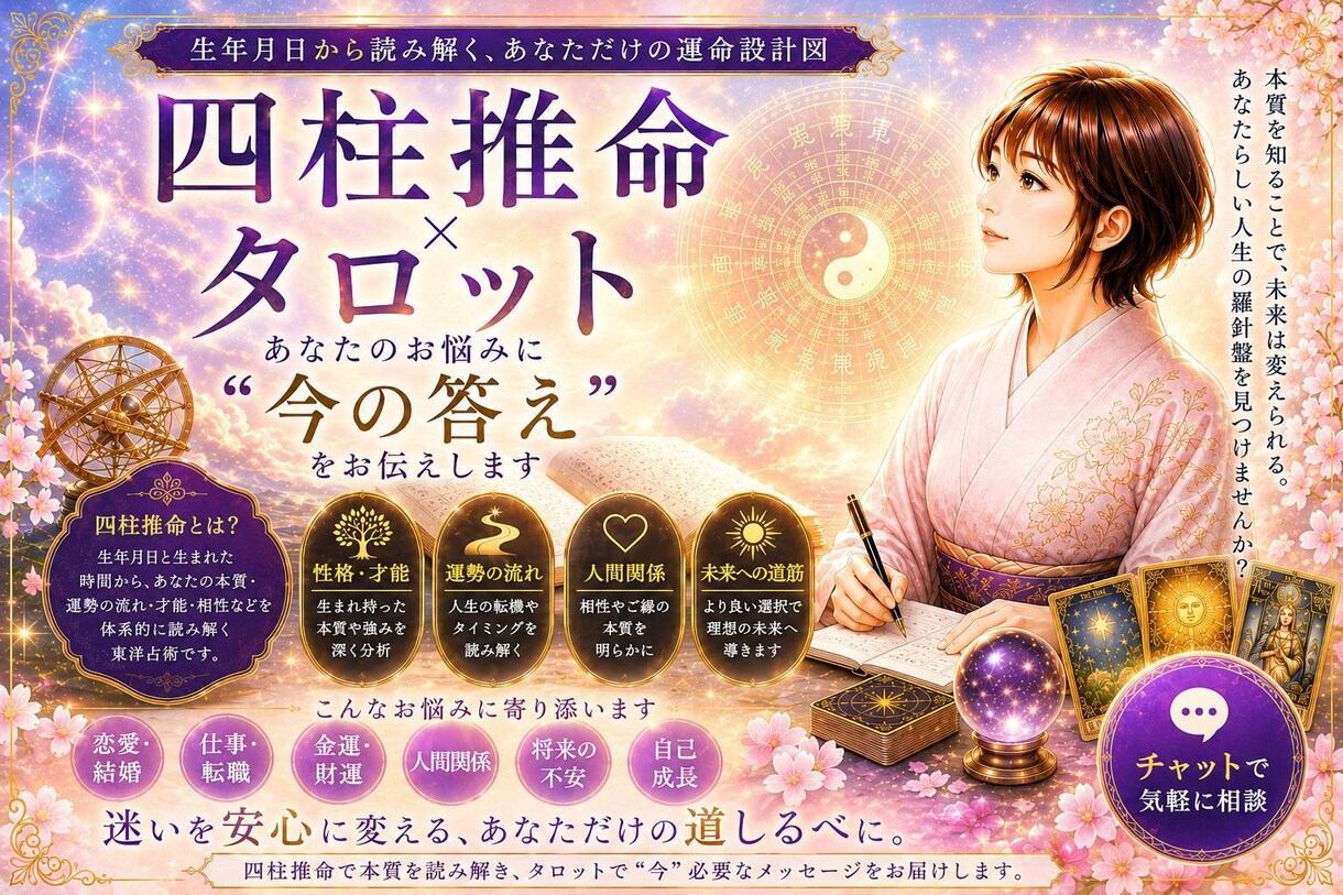 四柱推命|タロット|お悩みを"今すぐ"解決します 恋愛・相性・金運・仕事・人間関係起こすべき行動お伝えします。 イメージ1