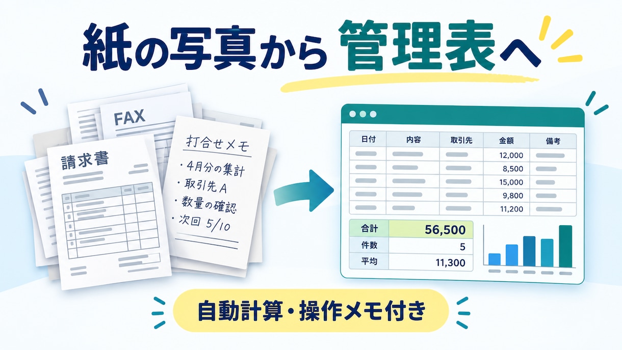 紙の写真からExcel管理表・入力表を作ります 転記・集計を減らす自動計算つき｜操作メモまでまとめて納品 イメージ1