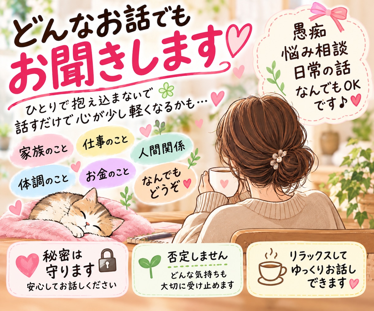どんなお話でも聞きます 話すだけで心が少し軽くなるかもしれません。 イメージ1