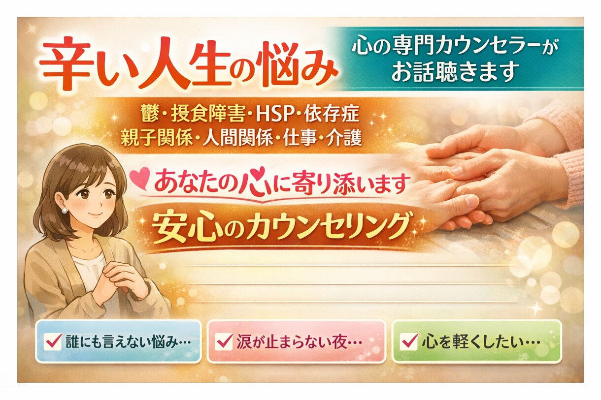 辛い人生の悩み｜心の専門カウンセラーがお話聴きます 鬱・摂食障害・HSP・依存症・親子関係・人間関係・仕事・介護 イメージ1