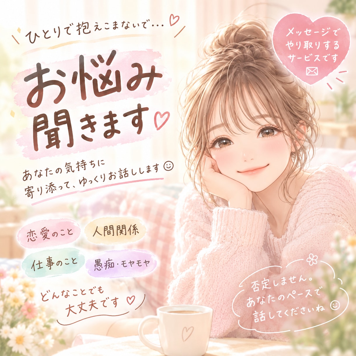 誰にも言えないお悩み、優しくお聞きします まとまっていなくても大丈夫。気持ちをゆっくり聞かせてください イメージ1