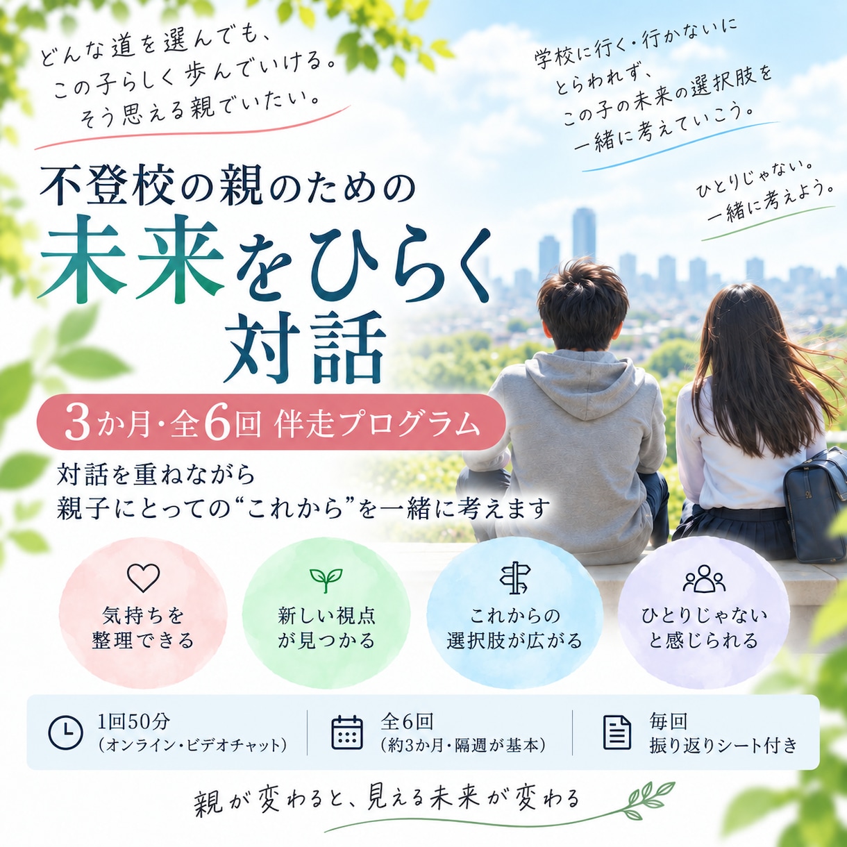 不登校の親の「自分の軸」を6回の対話で育てます 気づきを日常に持ち帰り3か月かけて“この先”を一緒に考えます イメージ1