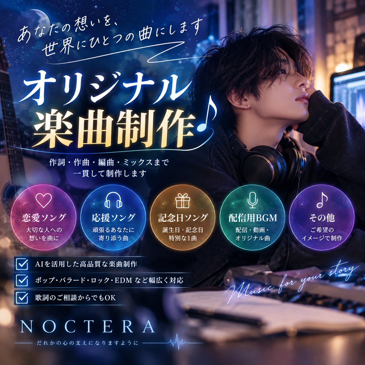 あなたの想いをオリジナル曲にします 「恋愛・応援・記念日など想いに寄り添って楽曲制作します」 イメージ1