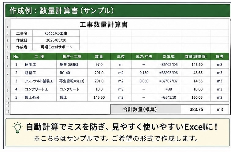 建設業のExcel作成を代行します 建設業の数量計算・資料作成を丁寧にサポートします イメージ2