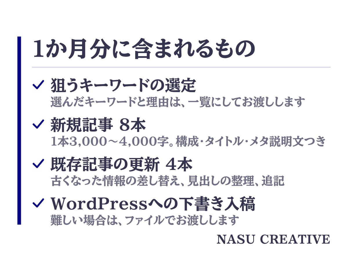 現役のプロライターがブログ1か月分を代行します 新規8本＋既存4本の更新。キーワード選定から入稿まで イメージ4