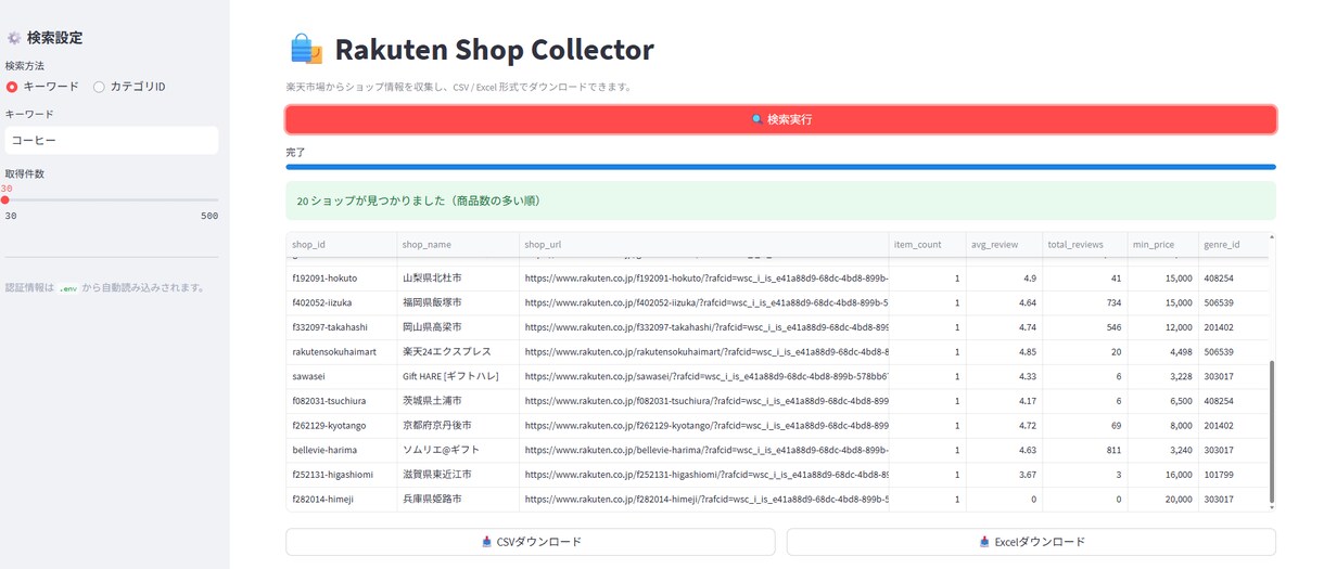 楽天市場のショップ情報を一括取得します 楽天市場ショップを一括取得！新API対応アプリ イメージ2