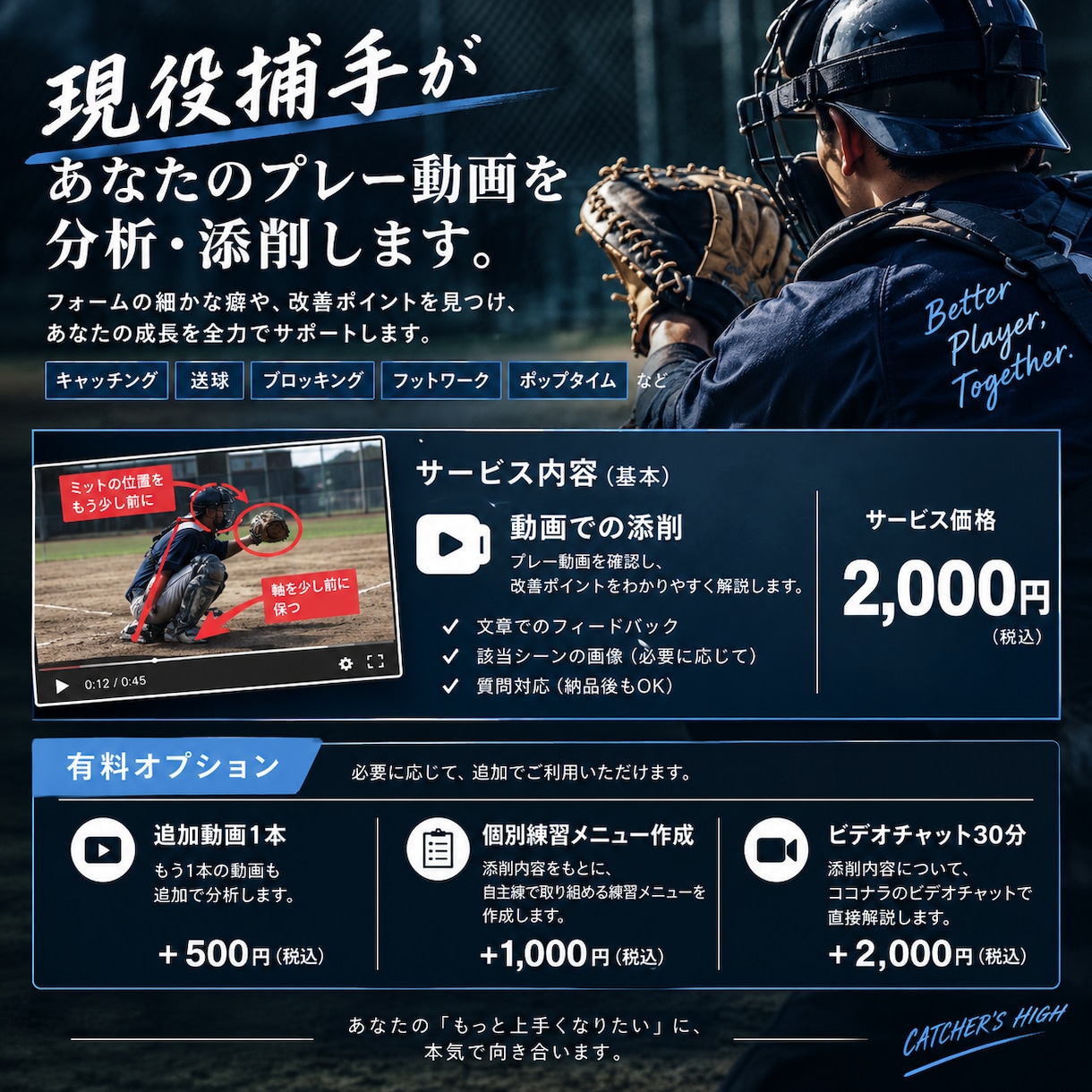 現役捕手が野球のプレー動画を徹底分析・添削します 現役捕手がキャッチャー、バッティング、ウエイトを動画で添削 イメージ1