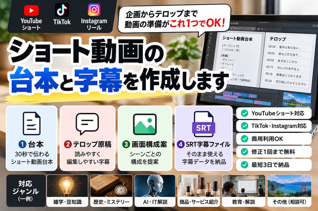 ショート動画の台本と字幕を作成します 30秒1本・台本＋テロップ＋構成案＋SRT字幕の4点セット イメージ1