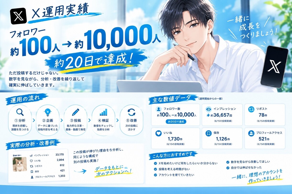 モニター価格！1万人の実績ありX運用代行します 成人用アカウントにて伸びるアカウント作りをお手伝いします！ イメージ2