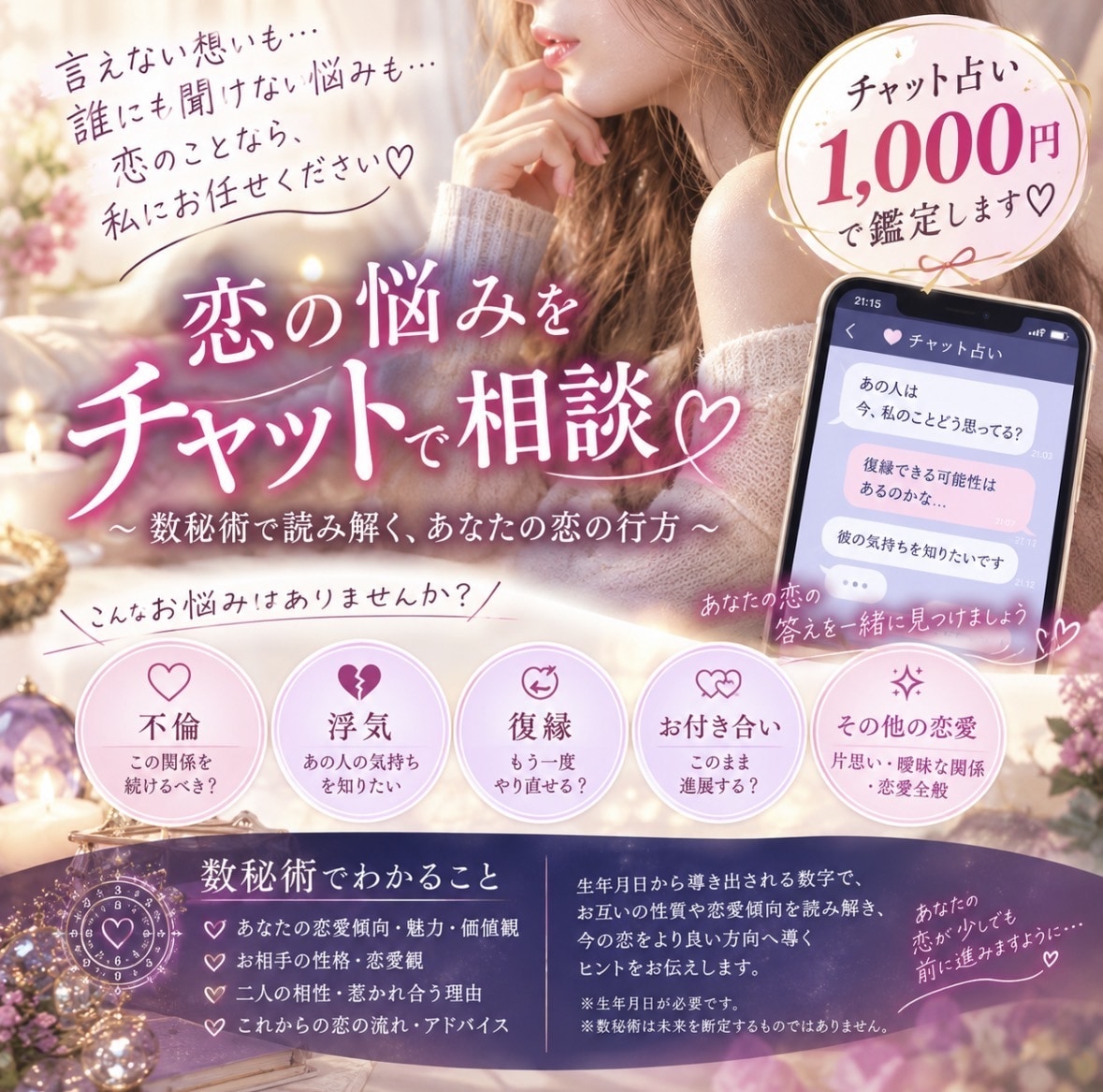 あの人の本音と二人の未来をチャットで占います 【数秘術で読み解く、あの人とあなたの恋愛】 イメージ2