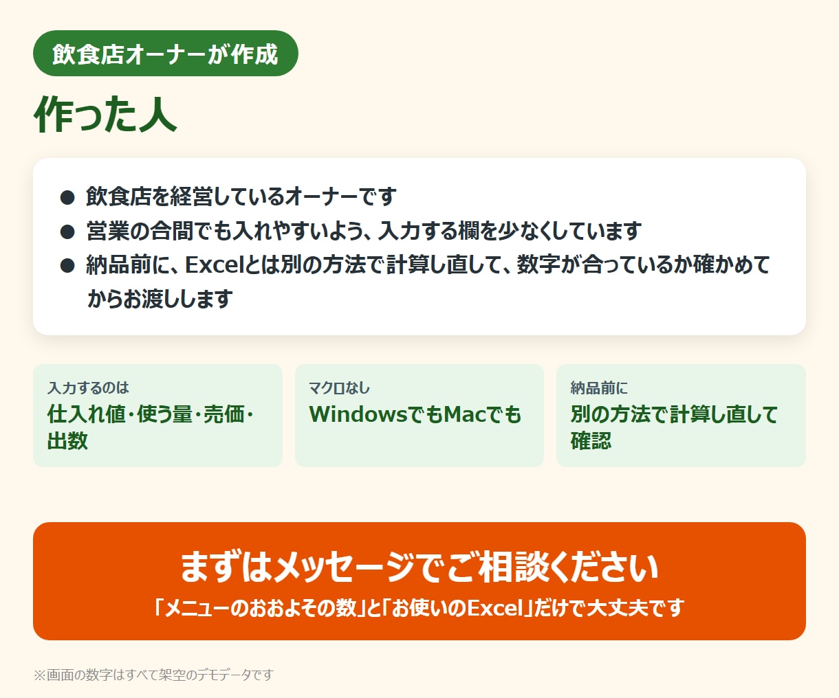 飲食店の原価計算Excelをお店に合わせて作ります 材料と出数を入れるだけ。人気メニューの利益がExcelで出る イメージ10