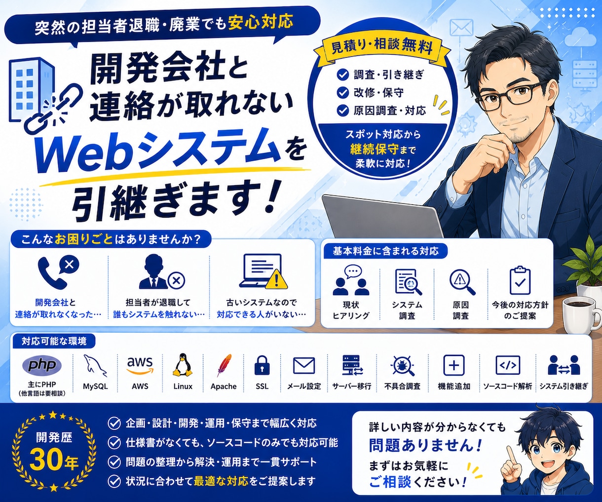 開発会社と連絡が取れないWebシステムを引継ぎます 突然の担当者退職・廃業でも安心対応 イメージ1