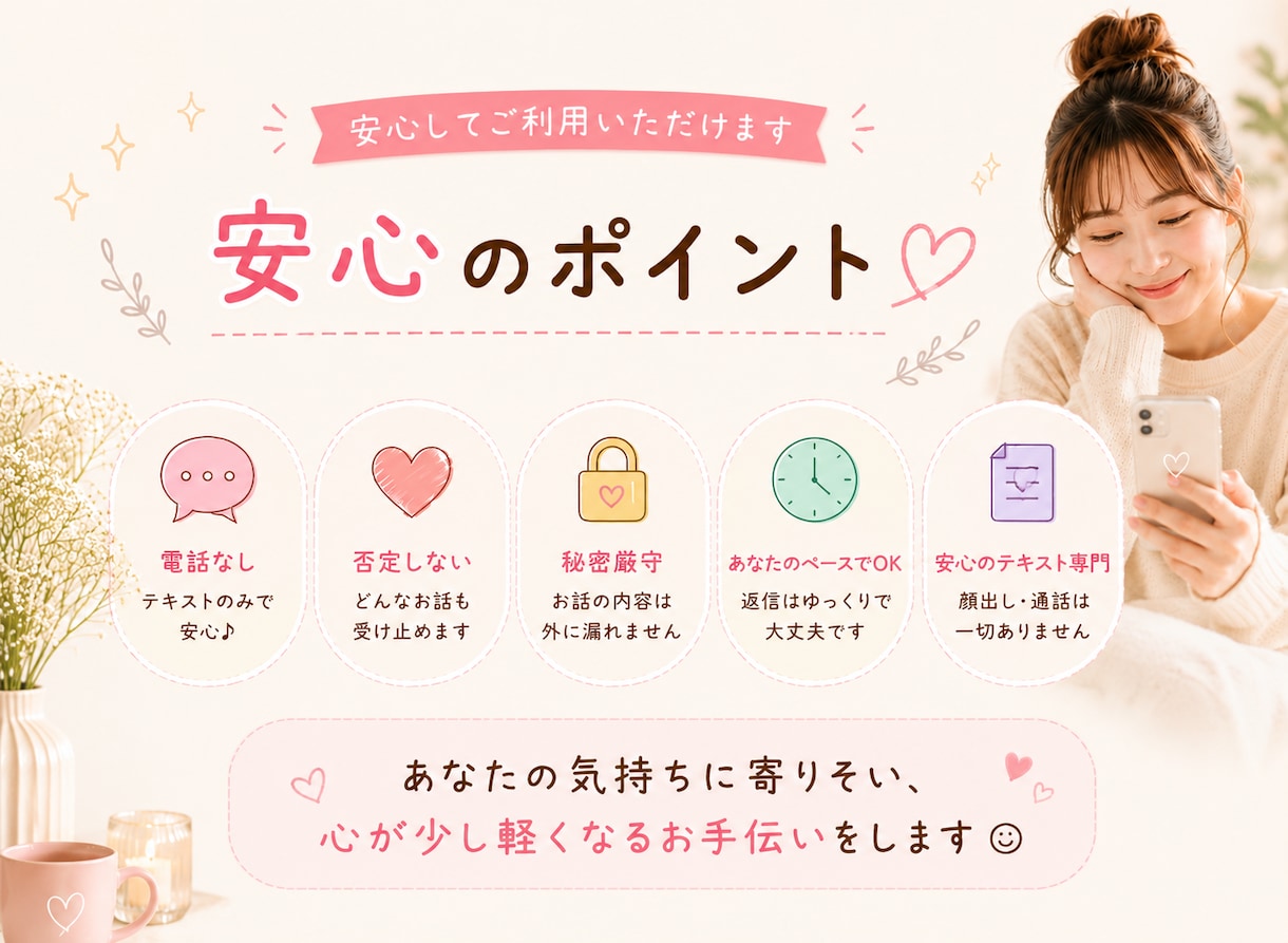 友達感覚でゆるく雑談・愚痴聞きします 暇な時、誰かと話したい時にゆるくお話し相手になります。 イメージ3