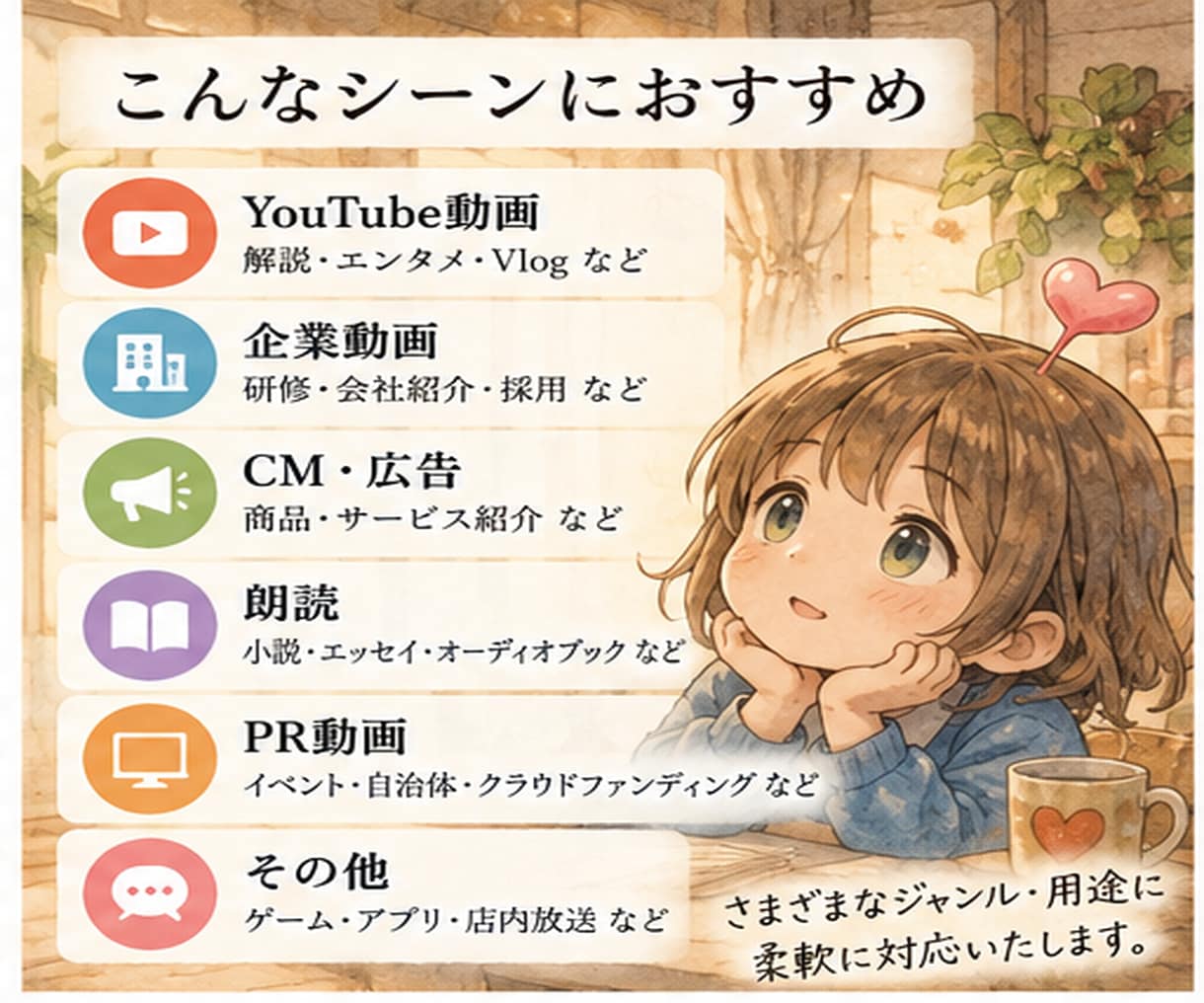 元プロ声優がナレーションを心を込めてお届けします YouTube・企業動画・CMなど伝えたい想いを声に乗せます イメージ3
