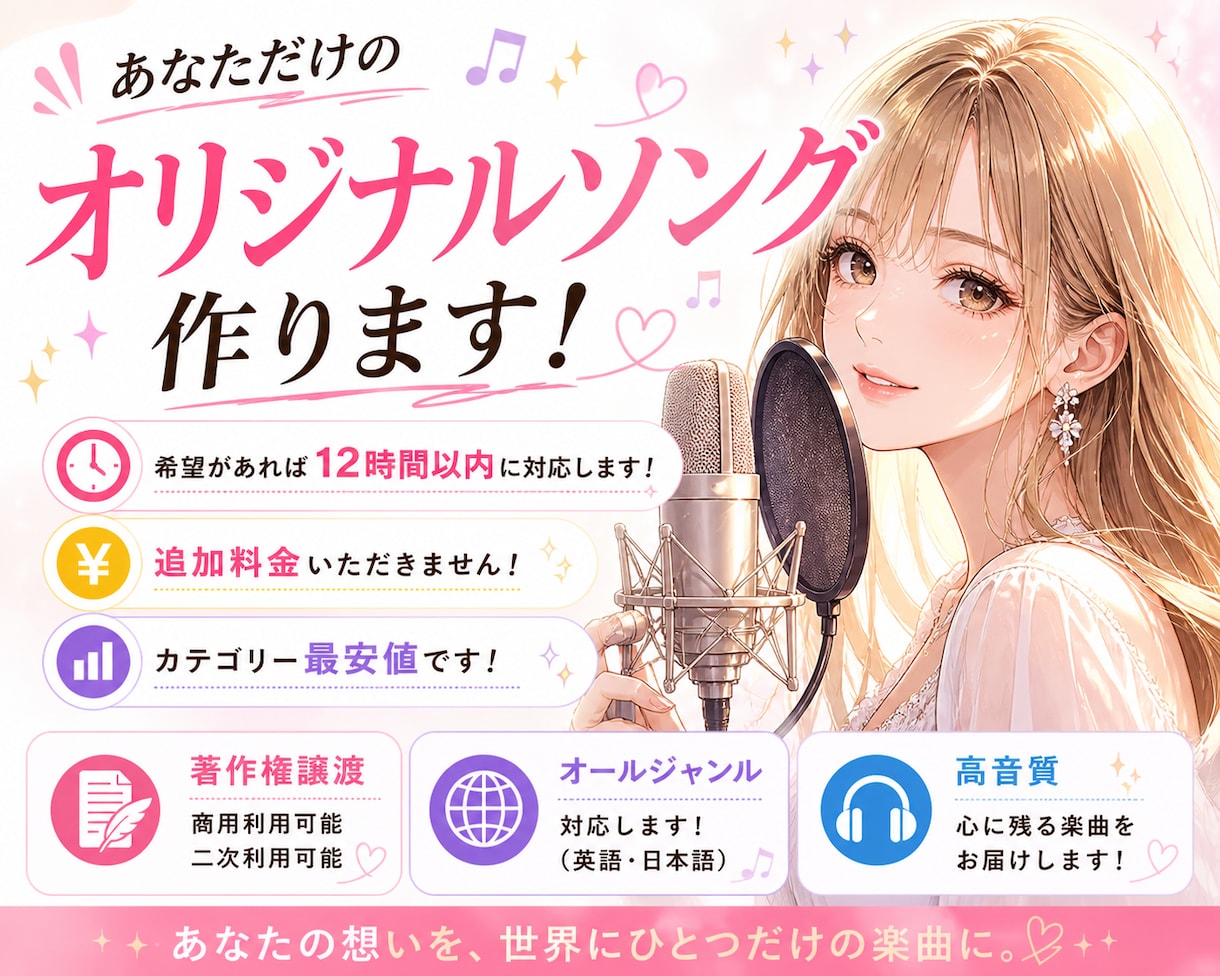あなただけのオリジナルソングを作曲します 商用利用OK！著作権譲渡付き！作詞・作曲・歌入れまで全部込み イメージ1