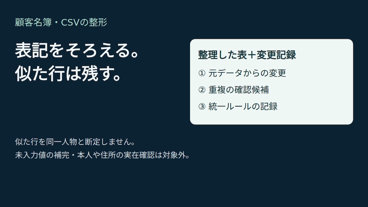 顧客名簿の重複と表記ゆれを直します 似ている行は消さず候補として残します イメージ1