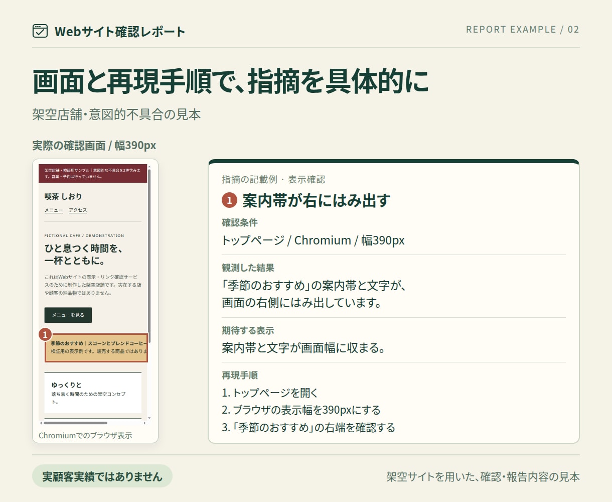 公開サイトの表示・リンク確認をレポートします 最大3ページを指定条件で確認。画面と再現手順で報告 イメージ2