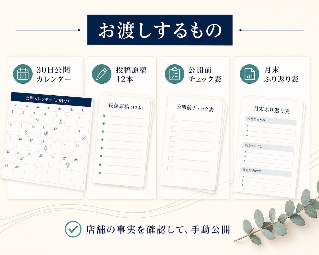 個人美容室のGoogleマップ投稿を月間設計します 投稿原稿12本・公開カレンダー・確認表をお渡しします イメージ2