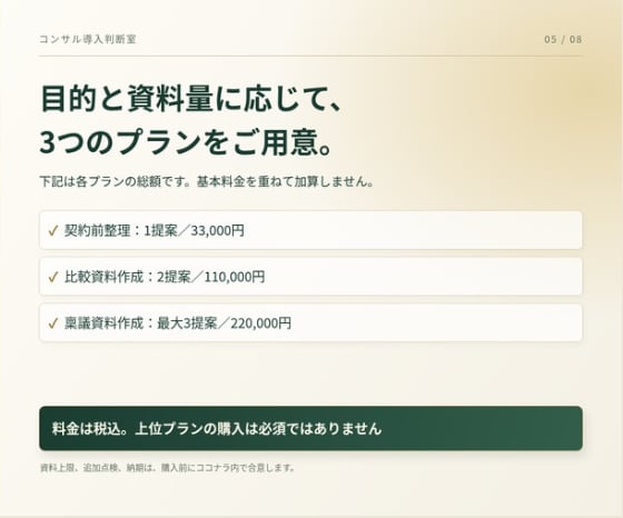 コンサル・AI導入の判断資料を作成します 現役コンサル2名が、費用・対応範囲・完了条件を整理 イメージ5