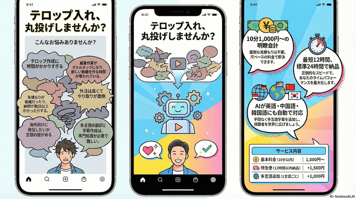 30分まで3,000円⇒字幕・カット他編集します 素材30分以内なら字幕・テロップ・カット含めて編集します イメージ4