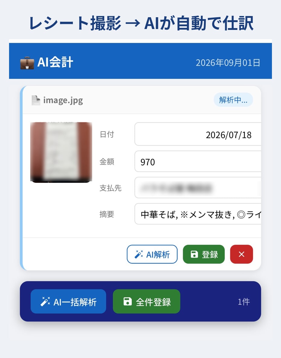 AIが面倒な会計レシートを自動仕訳します レシートをスマホ撮影するだけで勘定科目まで自動振り分けします イメージ1