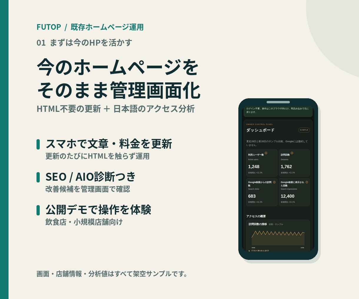 既存ホームページに更新管理画面を後付けします 作り直す前に、直す。スマホ更新・分析・SEO診断 イメージ1