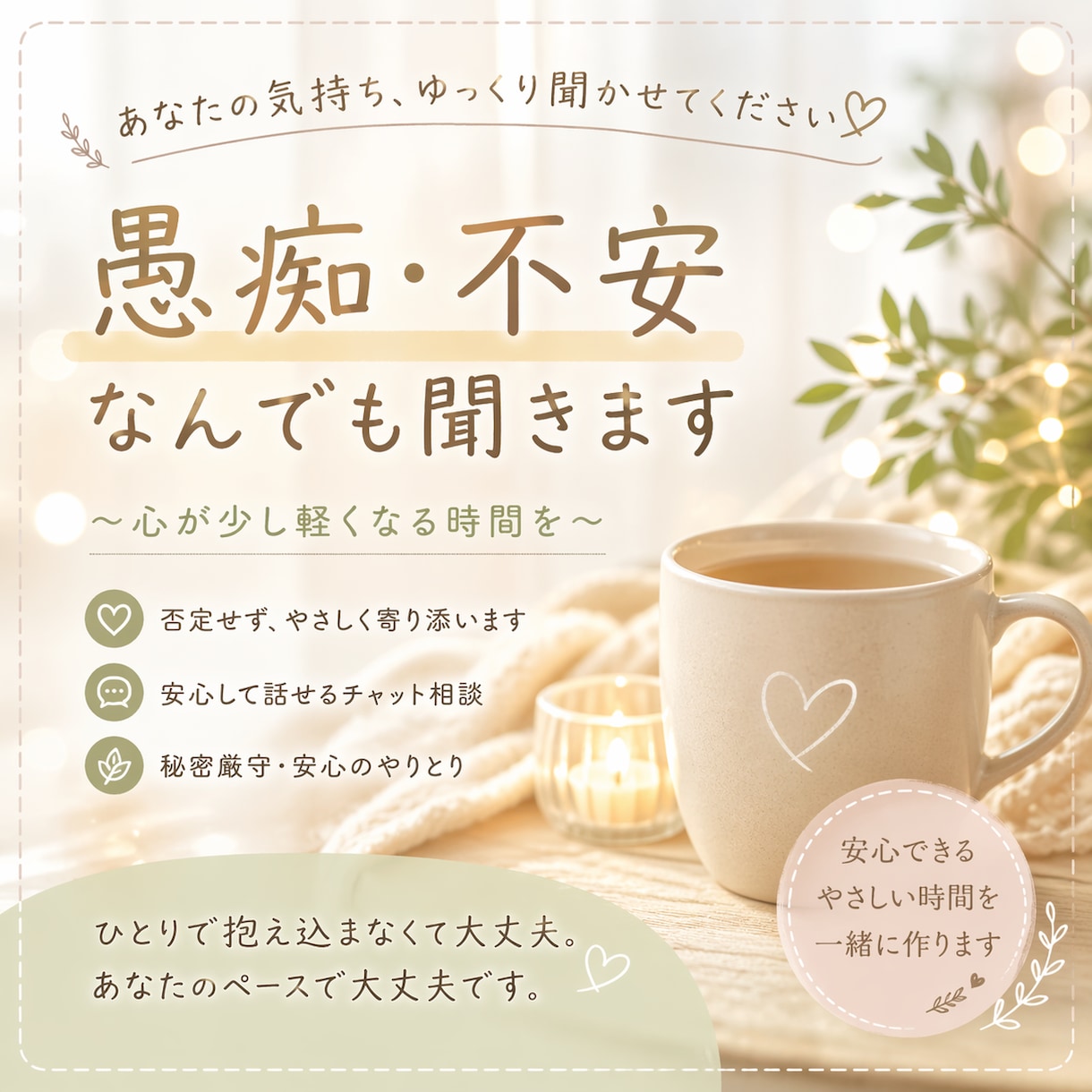 チャットで病気や仕事の不安、聞きまます 無理に励まさず、そっと寄り添います イメージ1
