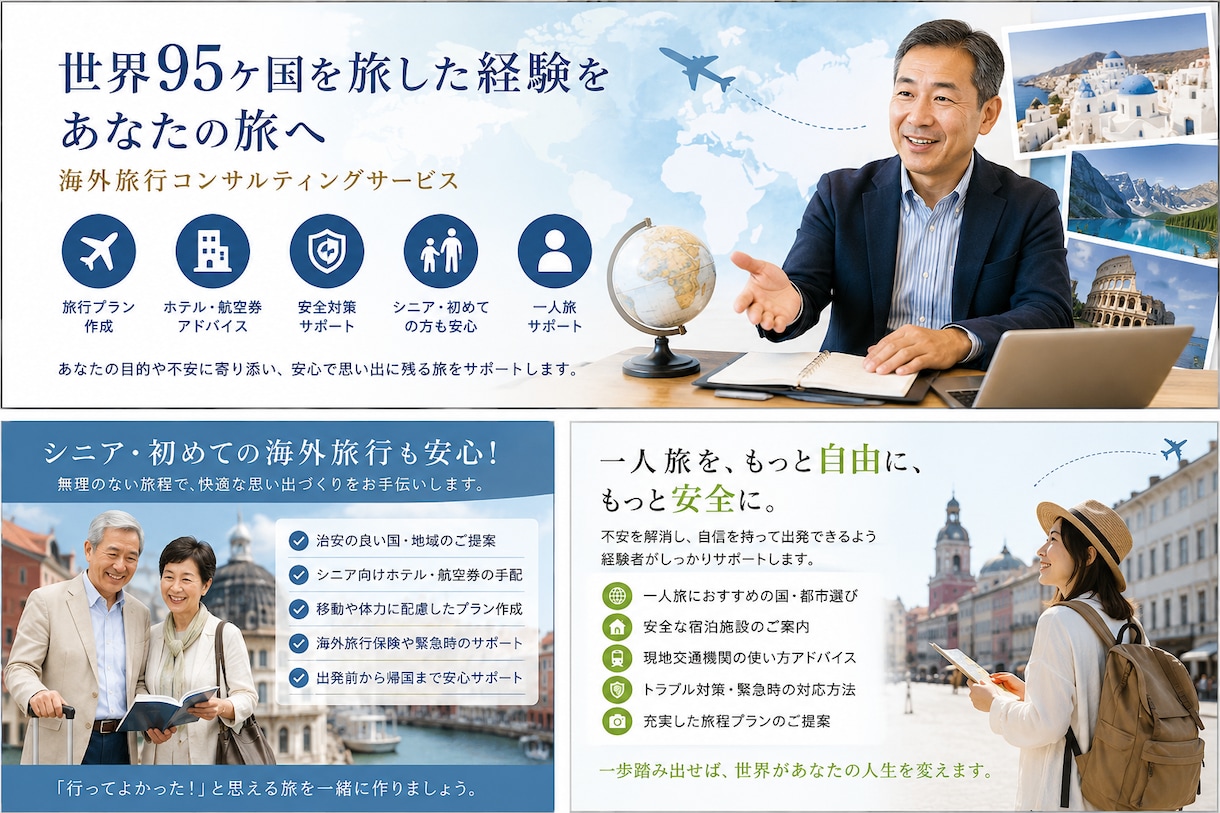 旅行計画作成します 「初海外」「シニア海外旅行」「格安旅行計画」を販売します。 イメージ1