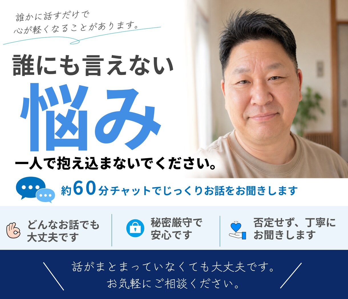 誰にも言えない悩みやモヤモヤを約60分お聞きします 文章になってなくても大丈夫。思ったままの言葉で話しましょう。 イメージ1