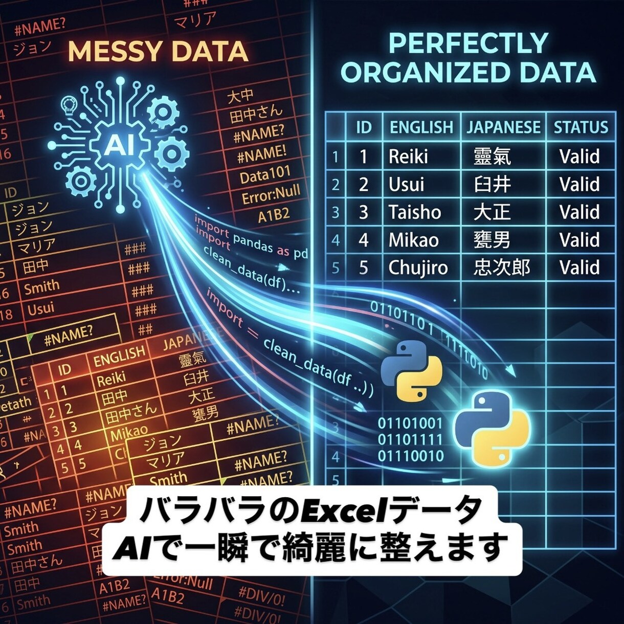 バラバラのExcelデータをAIで綺麗に整えます 手作業で無理な表記ゆれやデータのズレ、綺麗に並び替えます イメージ1