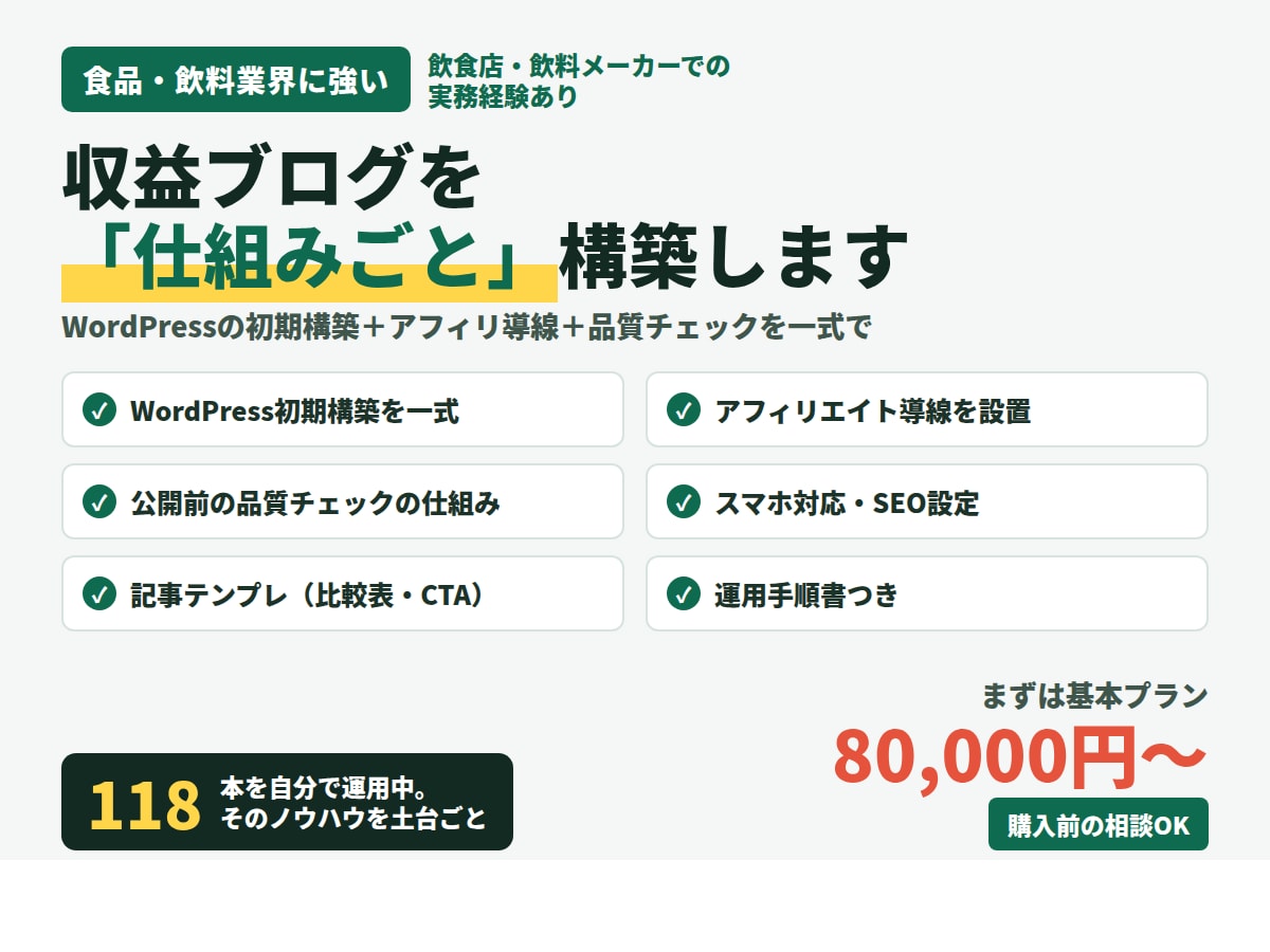 食品飲料に強い失敗しない収益ブログを構築します 飲食・飲料業界の経験者が業界目線で構築 イメージ1